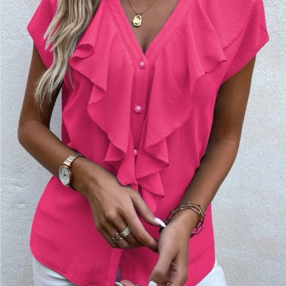 NWOT Hot Pink Plunging V Neck Blouse - Picture 7 of 7